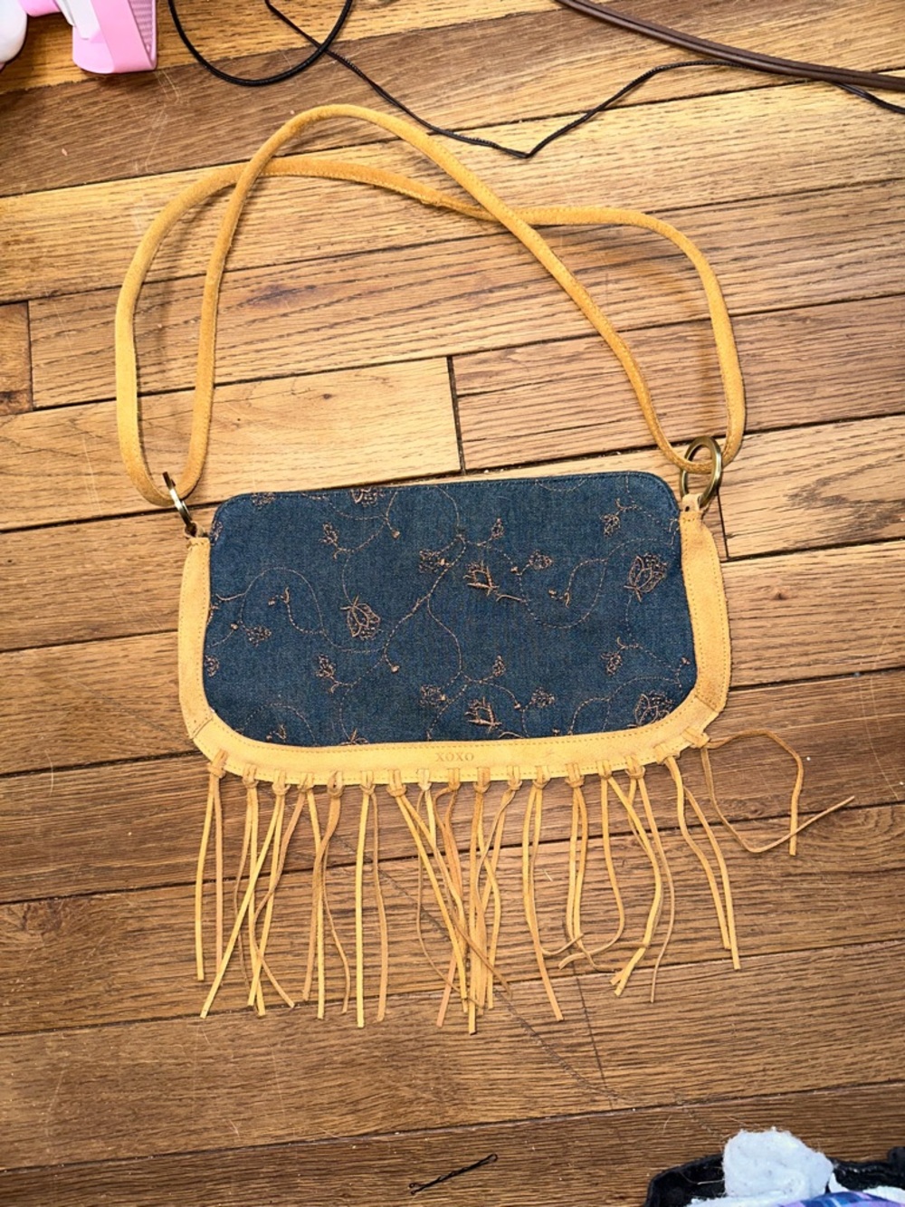 XOXO Suede & Fringe Denim Shoulder Bag